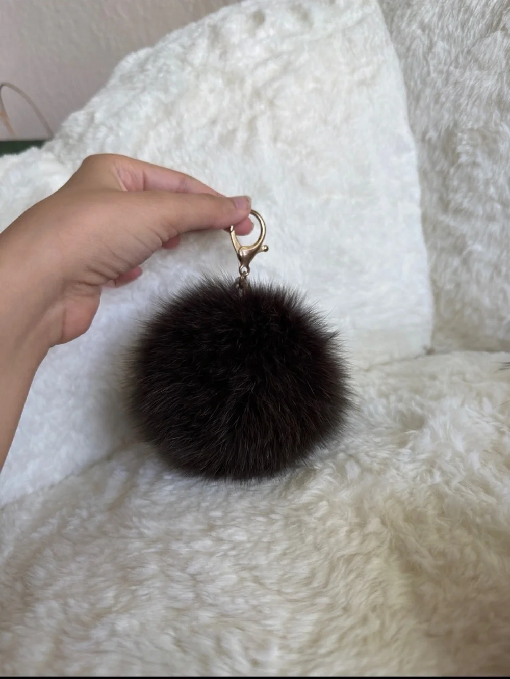 Keychain brown Pom Pom fluffy furry faux fur dark soft key chain
